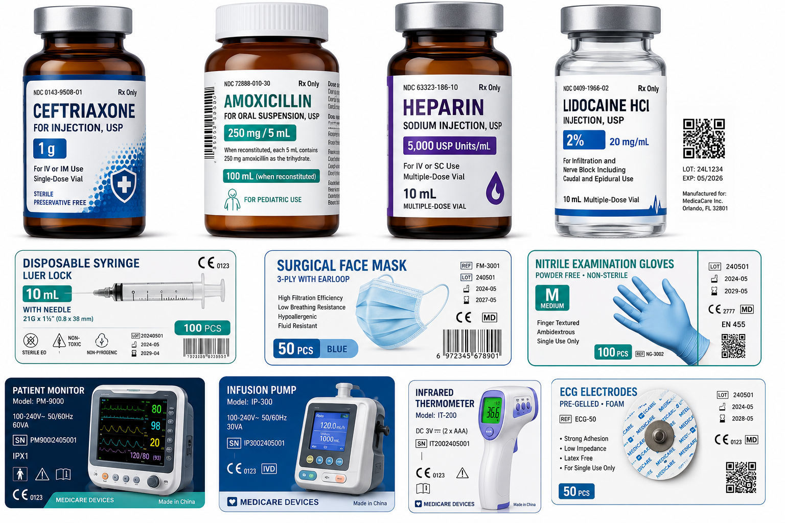 Etichete Medical & Pharma personalizate pentru dispozitive medicale, laboratoare și industria farmaceutică, imprimate UV și rezistente la dezinfectanți.