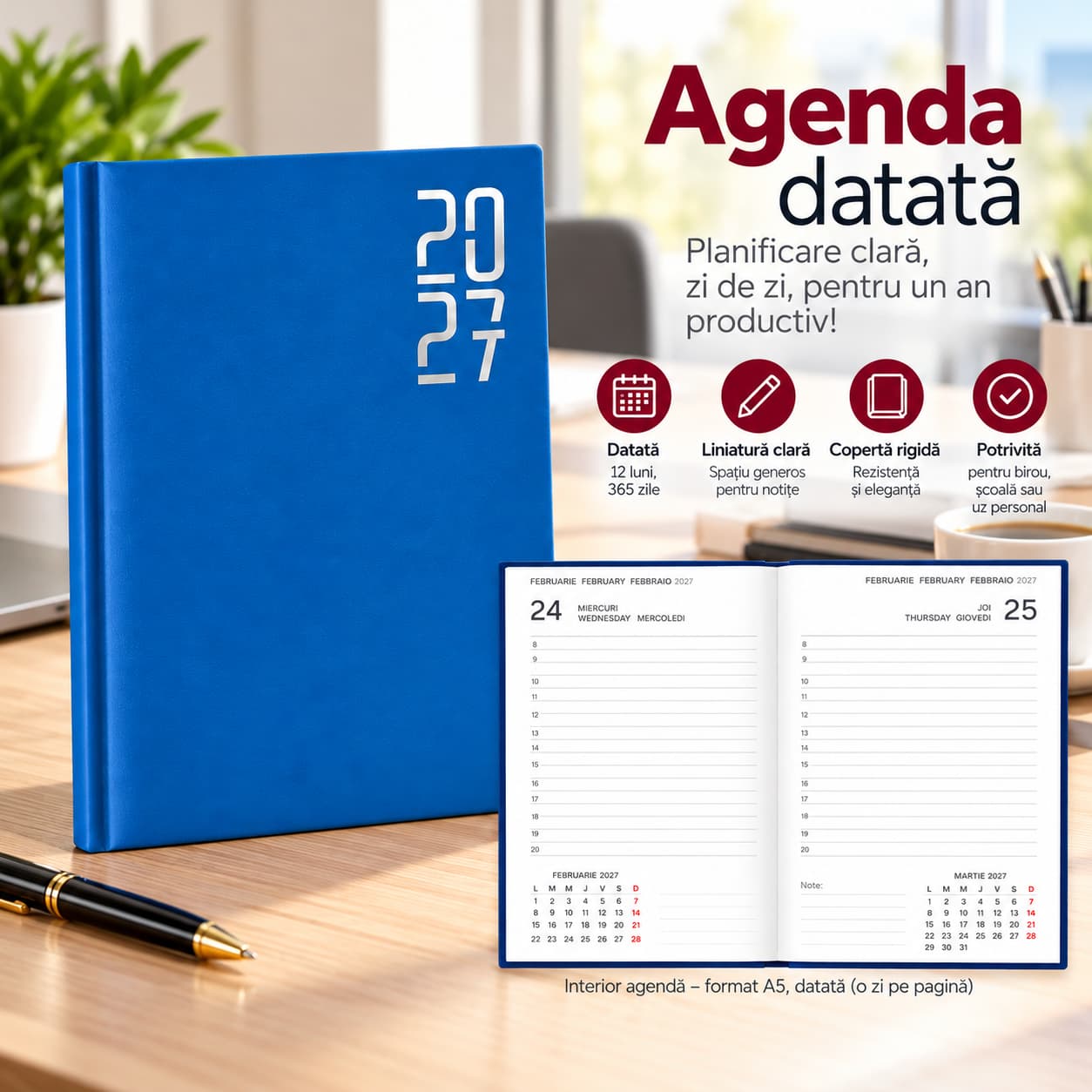 Agendă albastră 2027 într-un birou luminos