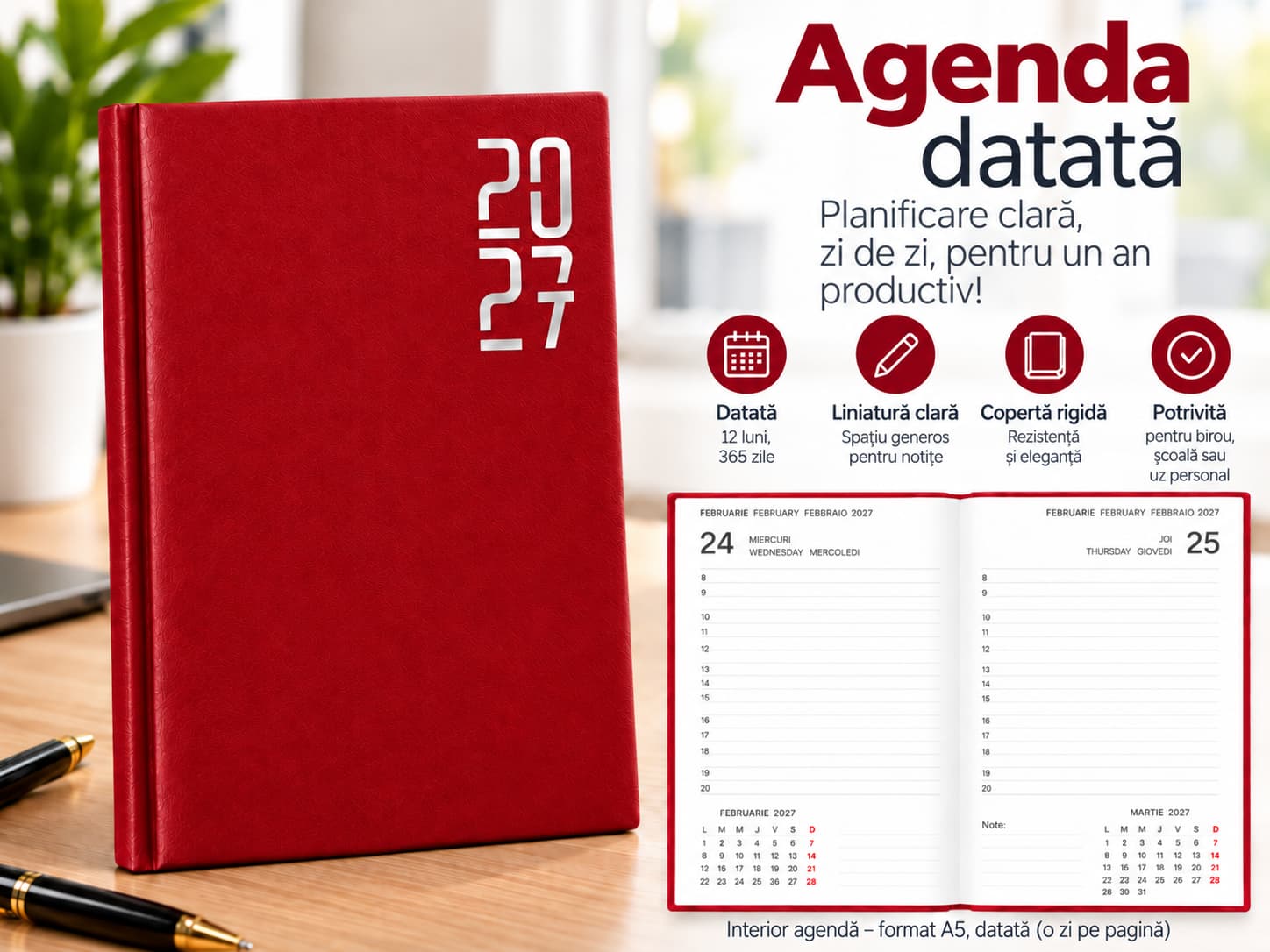 Agendă roșie 2027 pentru planificare zilnică