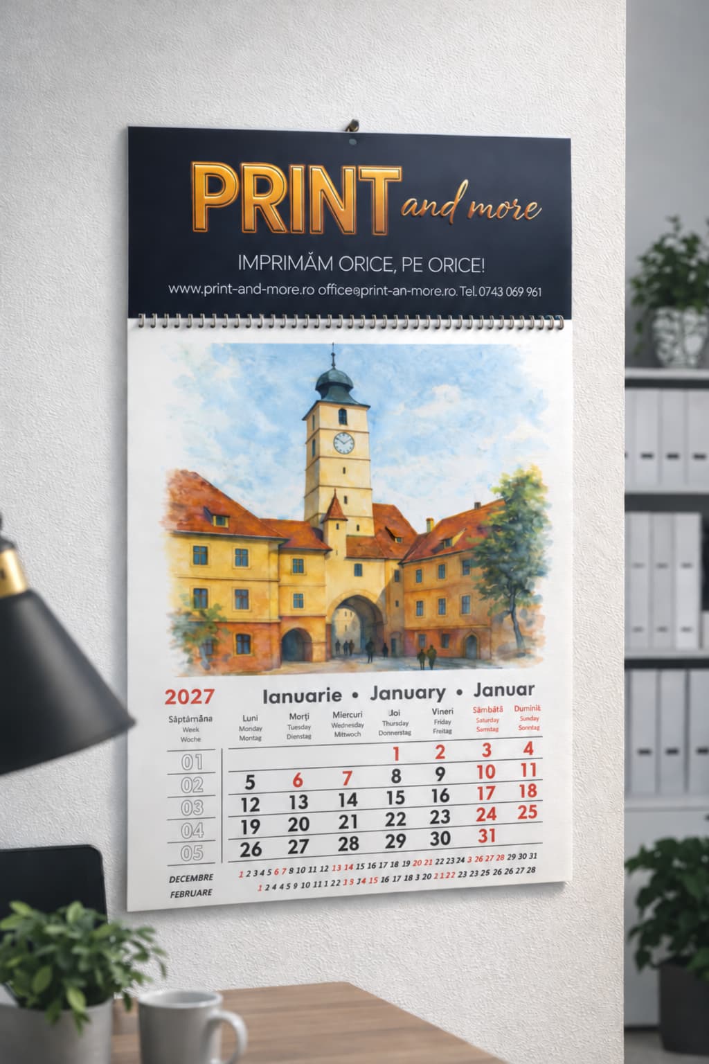 Calendar de birou 2027 cu artă acuarelată